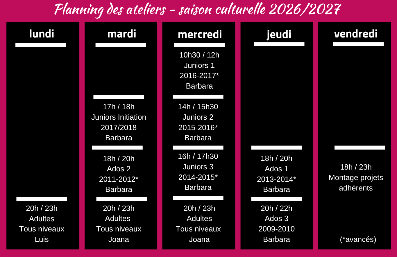 Planning des ateliers Comédia